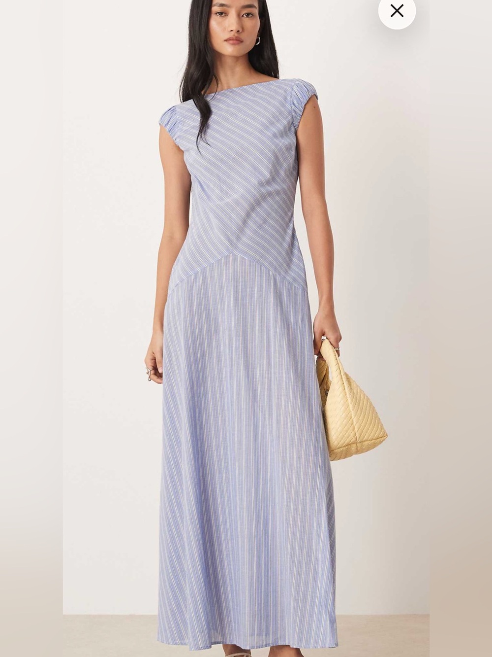 ASOS Design Dropped Waist Midi Dress Ruched cap sleeve blue stripe - Size 10